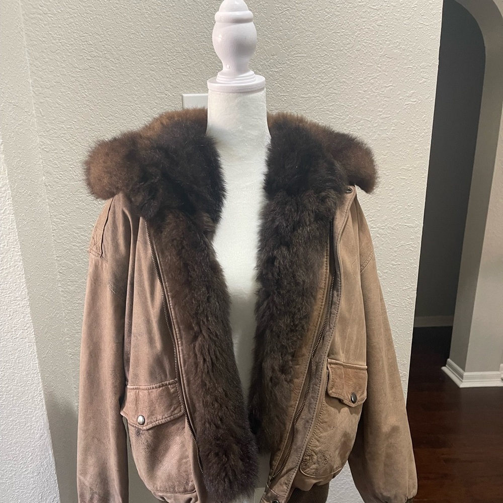 Vintage 70s  leather Coat Jacket Fur lined Bomber Pockets Distresed Savage Large